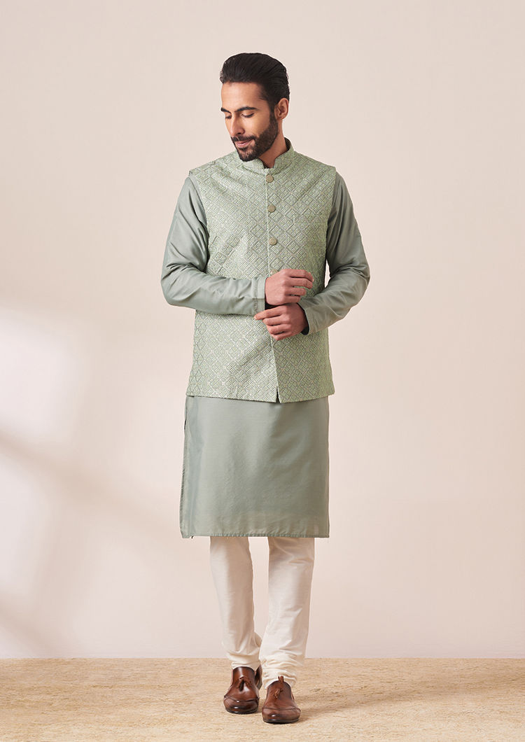 Twamev Men Light Green Self Design Kurta Jacket Set image number 1