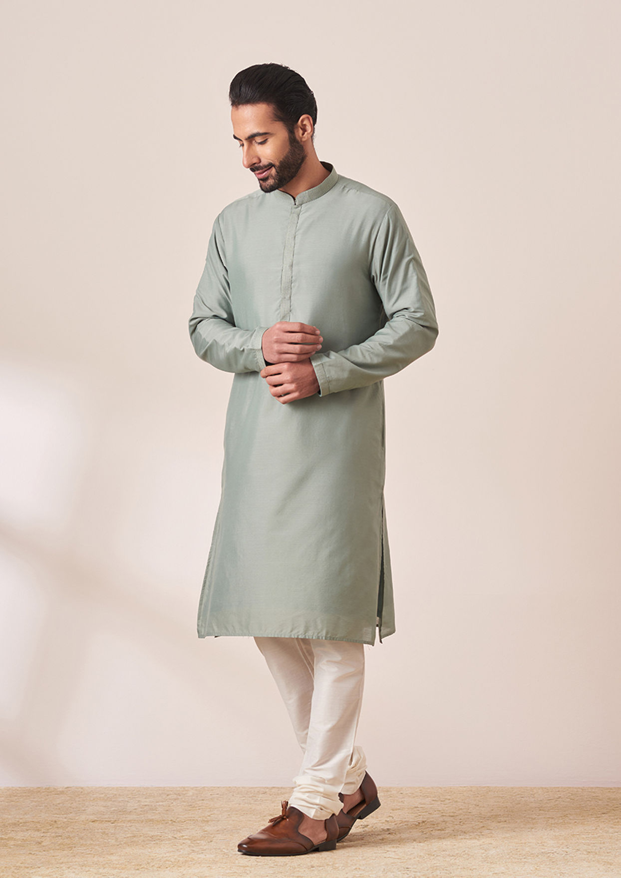 alt message - Twamev Men Light Green Self Design Kurta Jacket Set image number 2