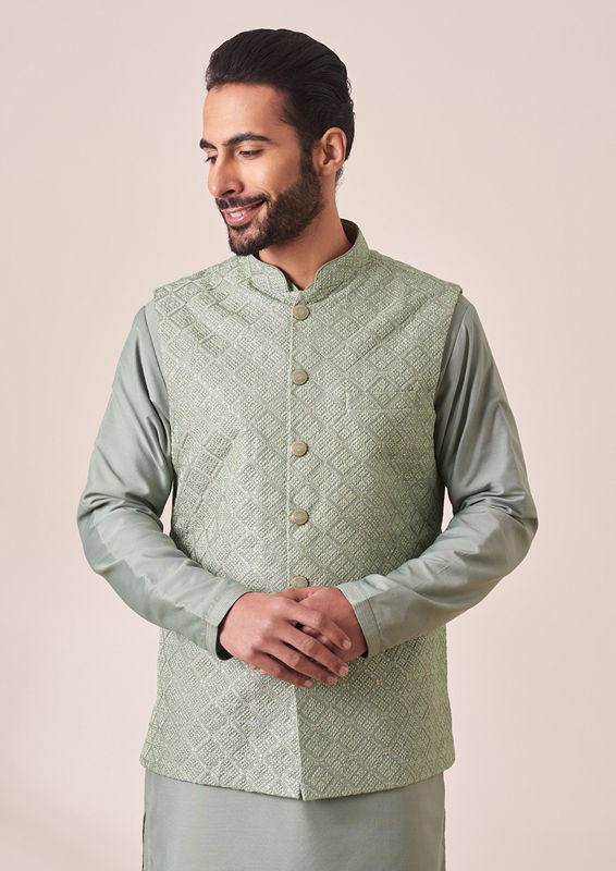 Twamev Men Light Green Self Design Kurta Jacket Set