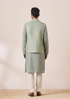 alt message - Twamev Men Light Green Self Design Kurta Jacket Set image number 3