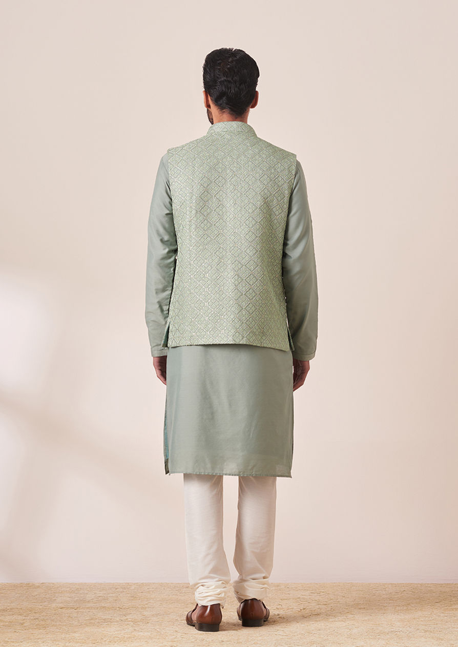 alt message - Twamev Men Light Green Self Design Kurta Jacket Set image number 3