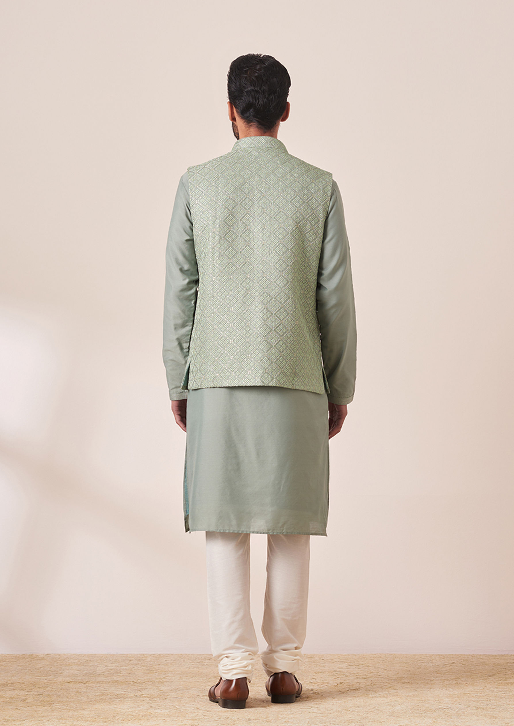 Twamev Men Light Green Self Design Kurta Jacket Set image number 3