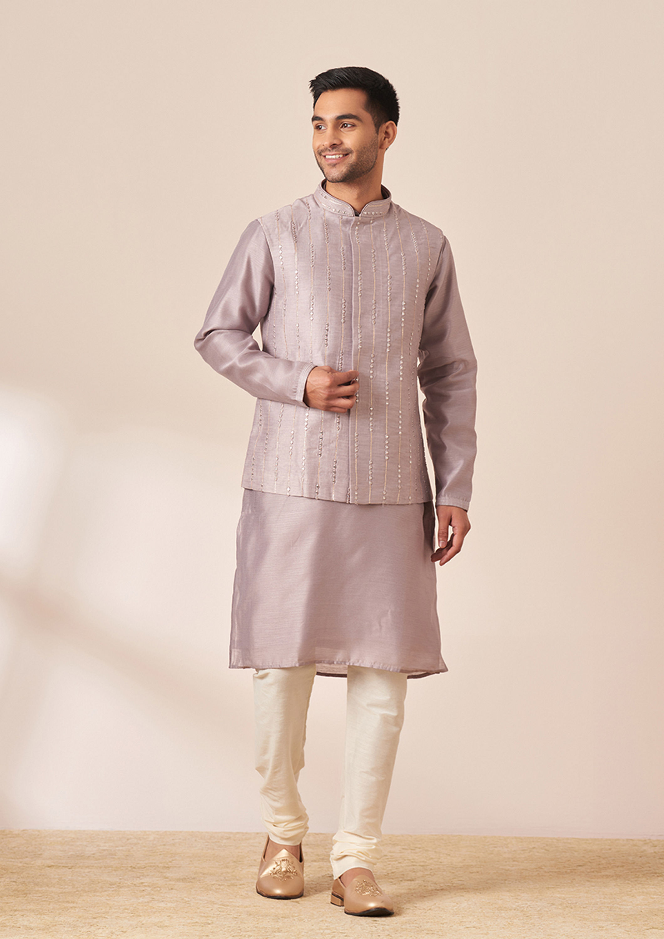Twamev Men Lavender Self Design Kurta Jacket Set