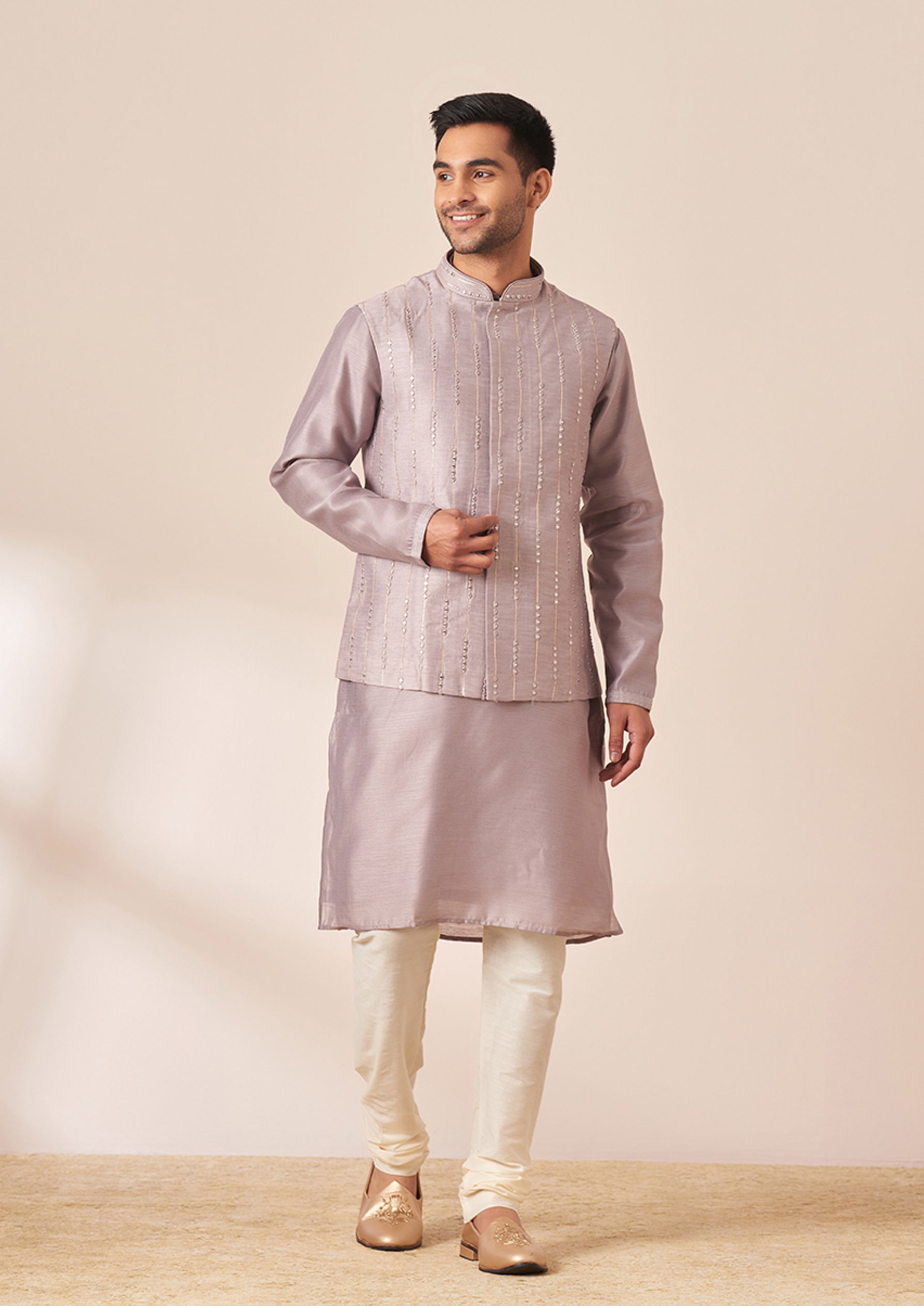 Twamev Men Lavender Self Design Kurta Jacket Set