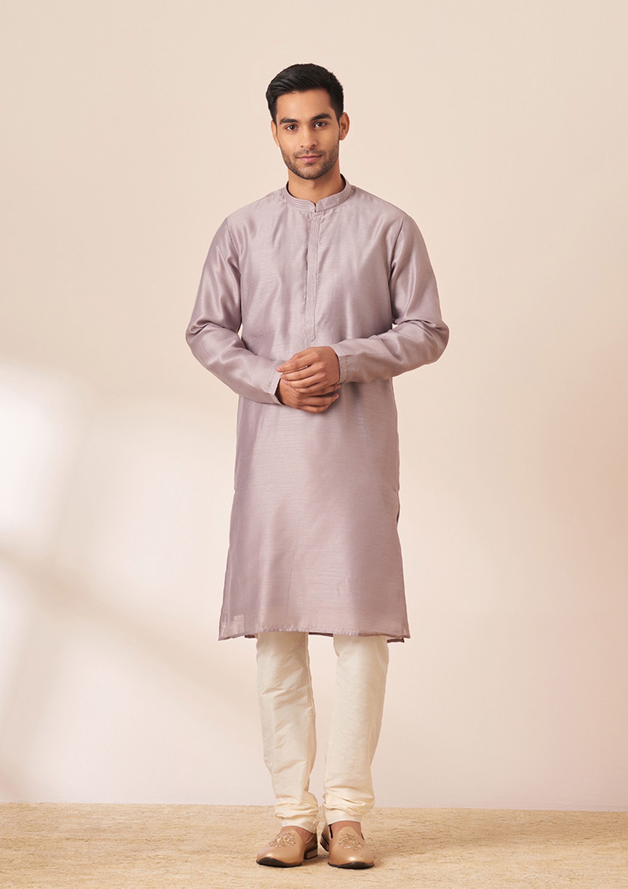 Twamev Men Lavender Self Design Kurta Jacket Set
