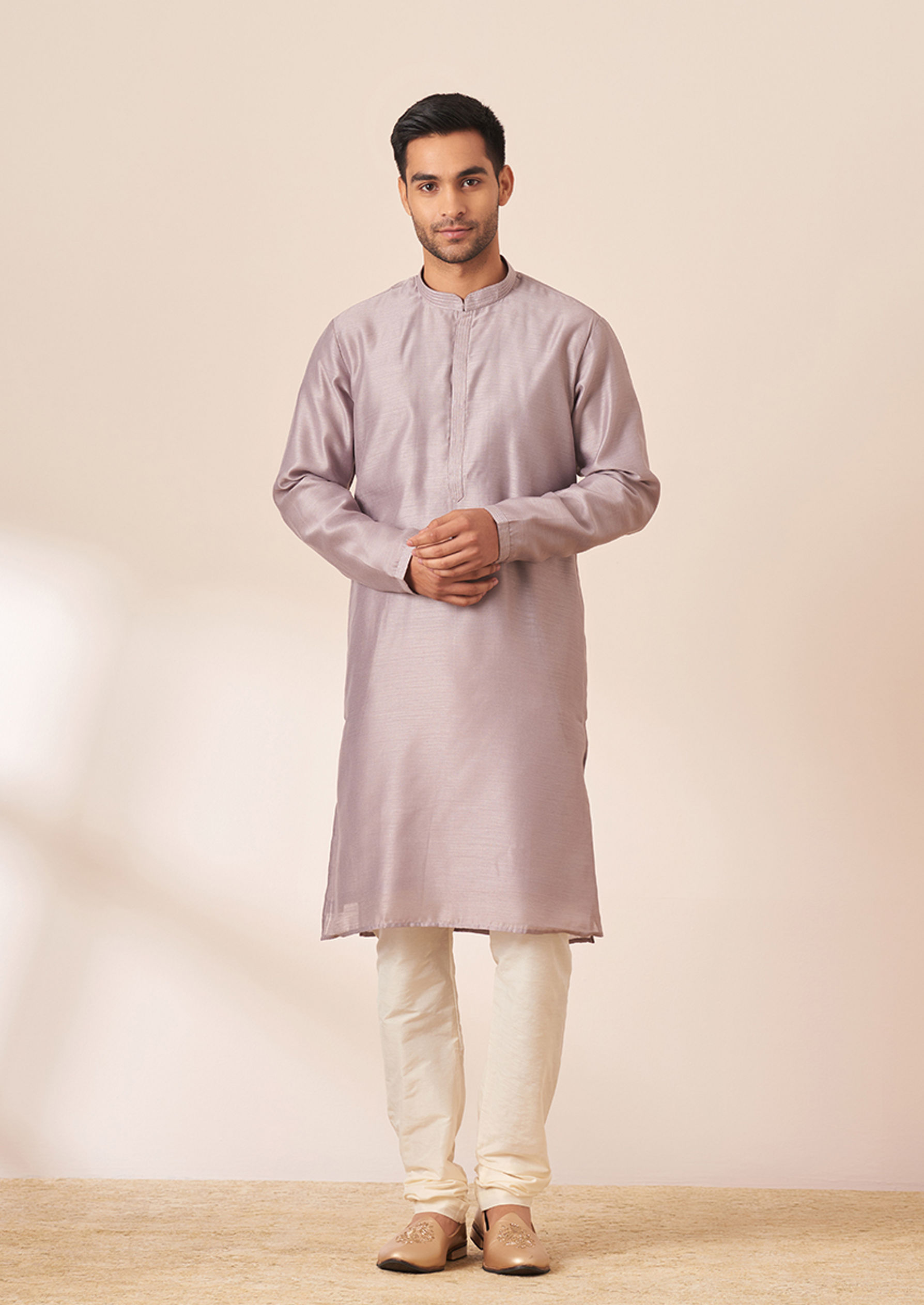 Twamev Men Lavender Self Design Kurta Jacket Set