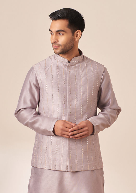 Twamev Men Lavender Self Design Kurta Jacket Set