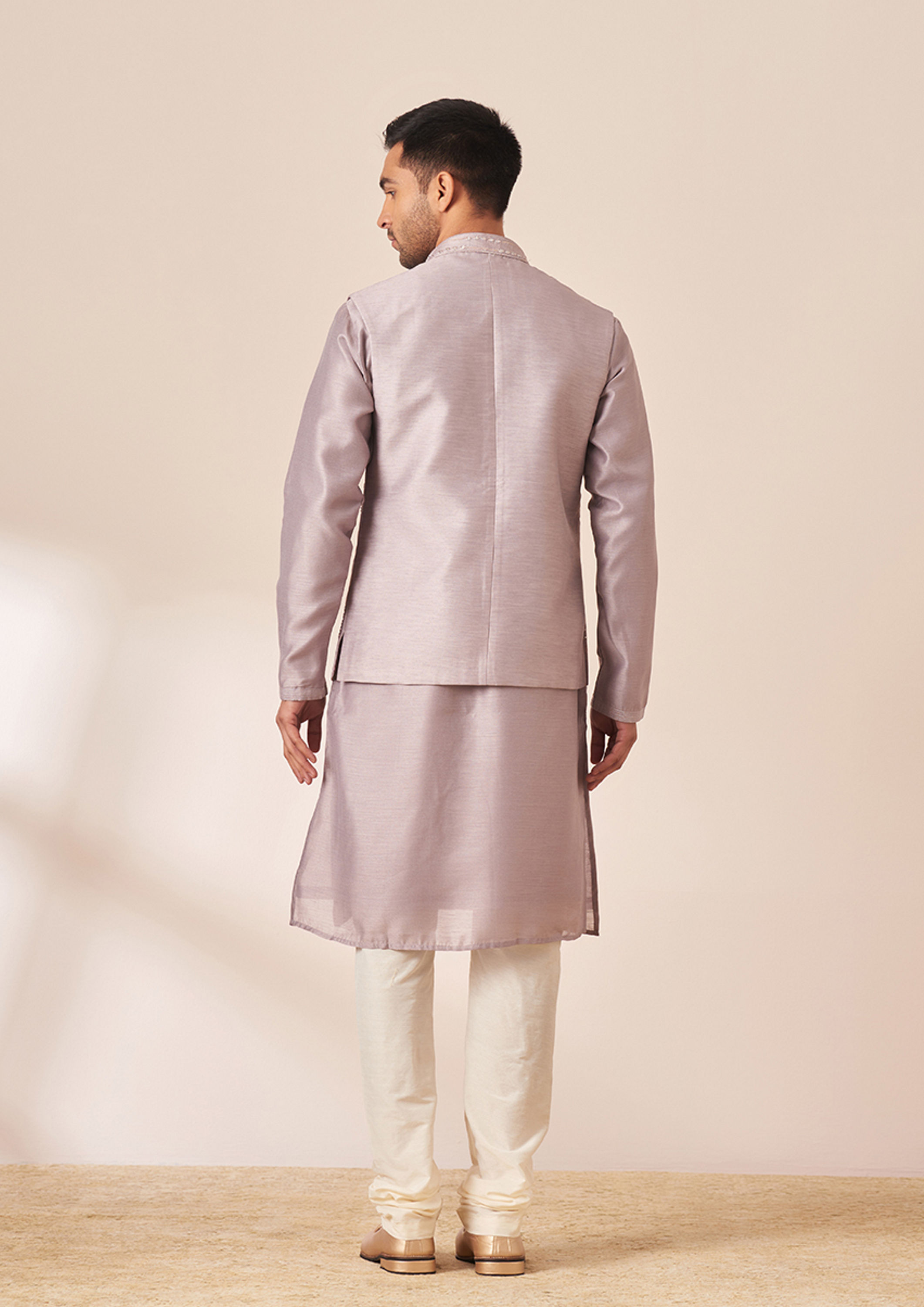 Twamev Men Lavender Self Design Kurta Jacket Set
