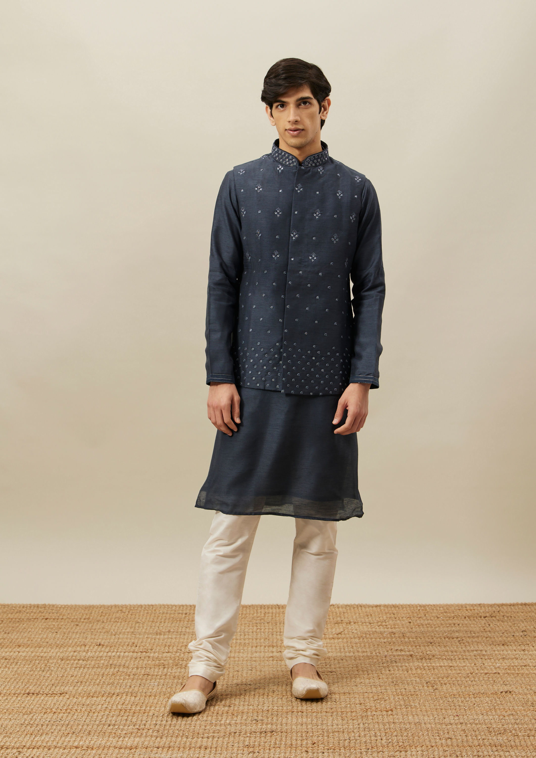 Twamev Men Dark Blue Mirror Work Kurta Jacket Set