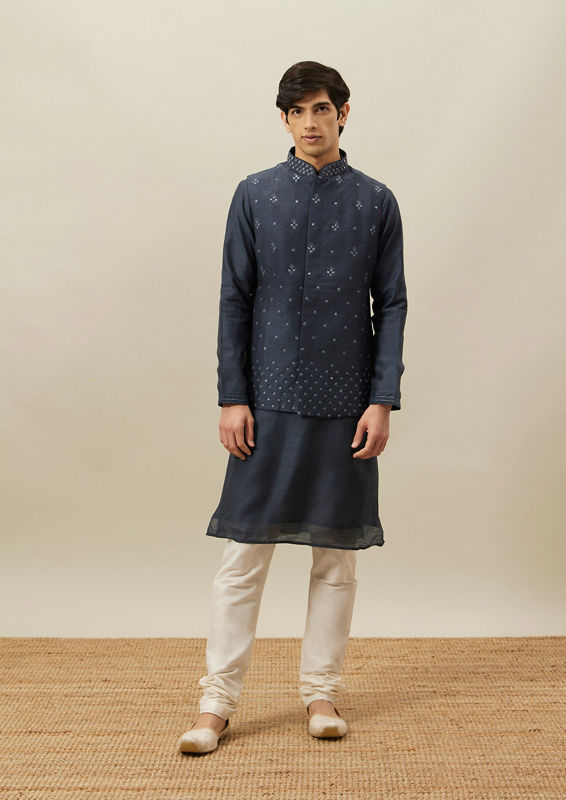 Twamev Men Dark Blue Mirror Work Kurta Jacket Set