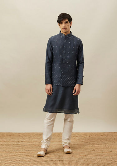 alt message - Twamev Men Dark Blue Mirror Work Kurta Jacket Set image number 2