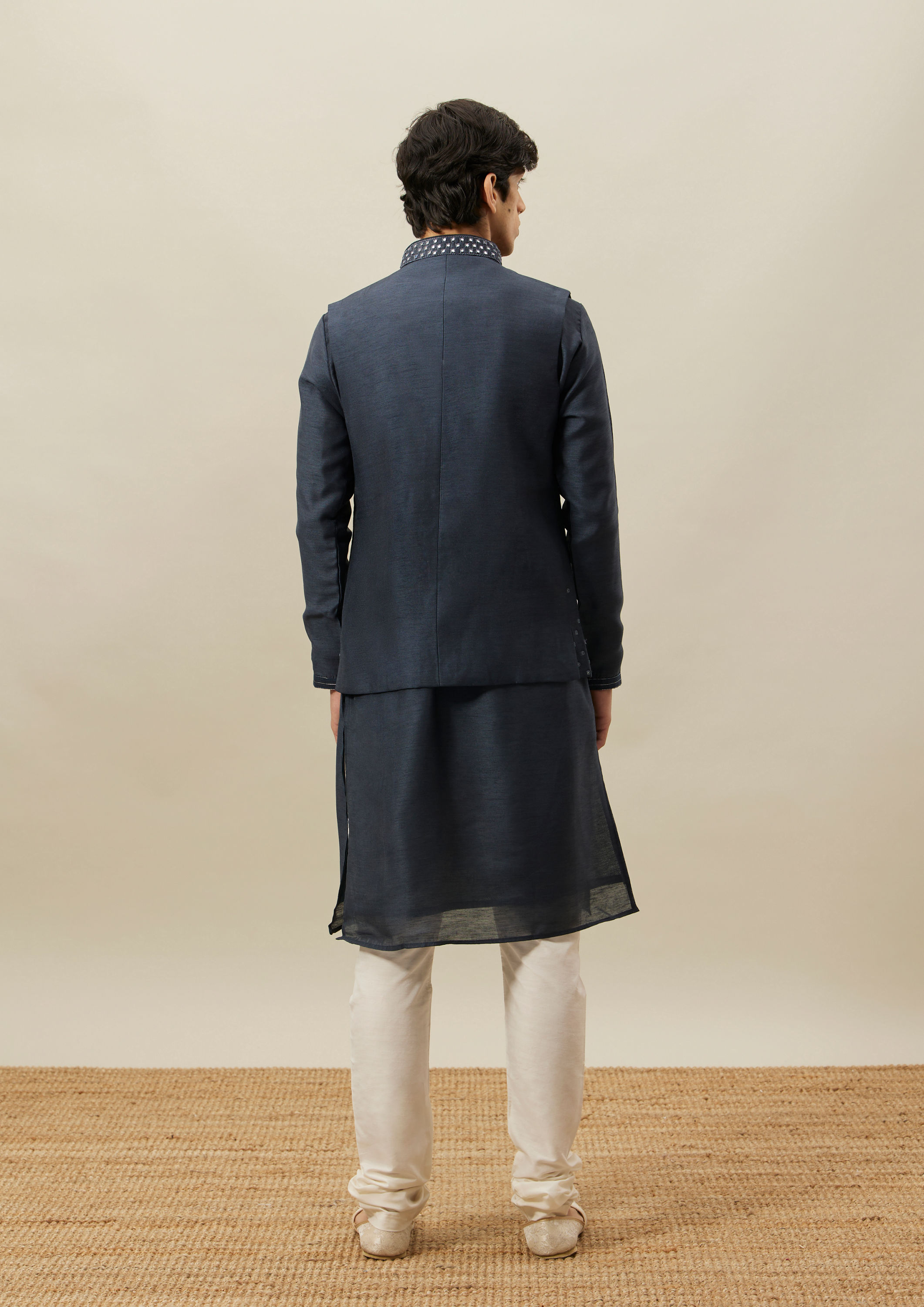 Twamev Men Dark Blue Mirror Work Kurta Jacket Set