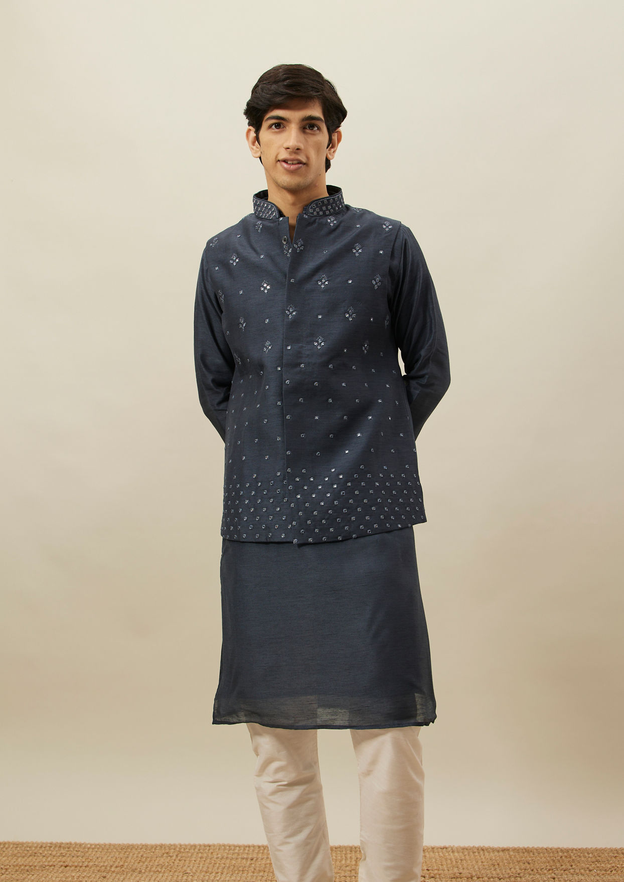 alt message - Twamev Men Dark Blue Mirror Work Kurta Jacket Set image number 0