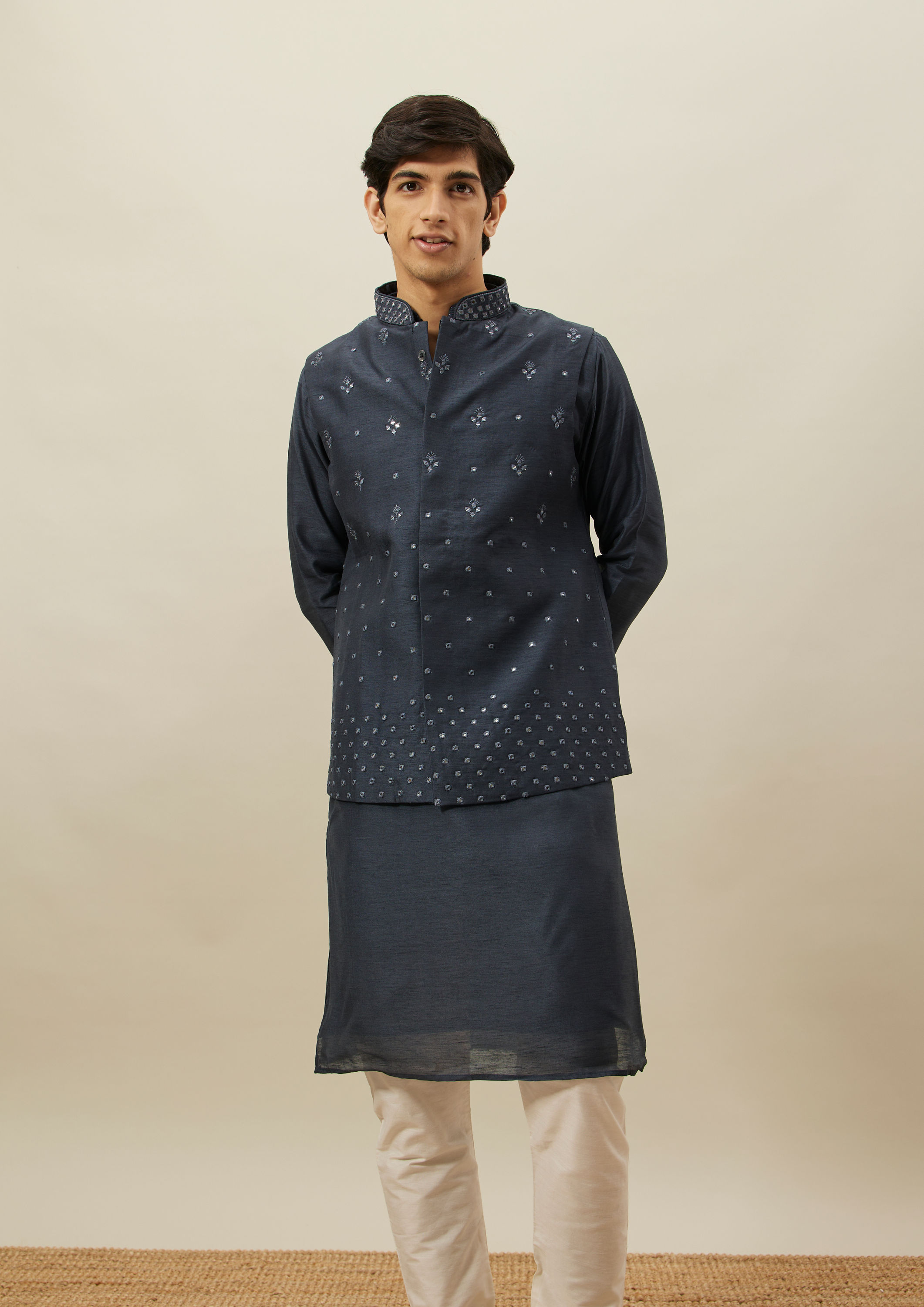 Twamev Men Dark Blue Mirror Work Kurta Jacket Set