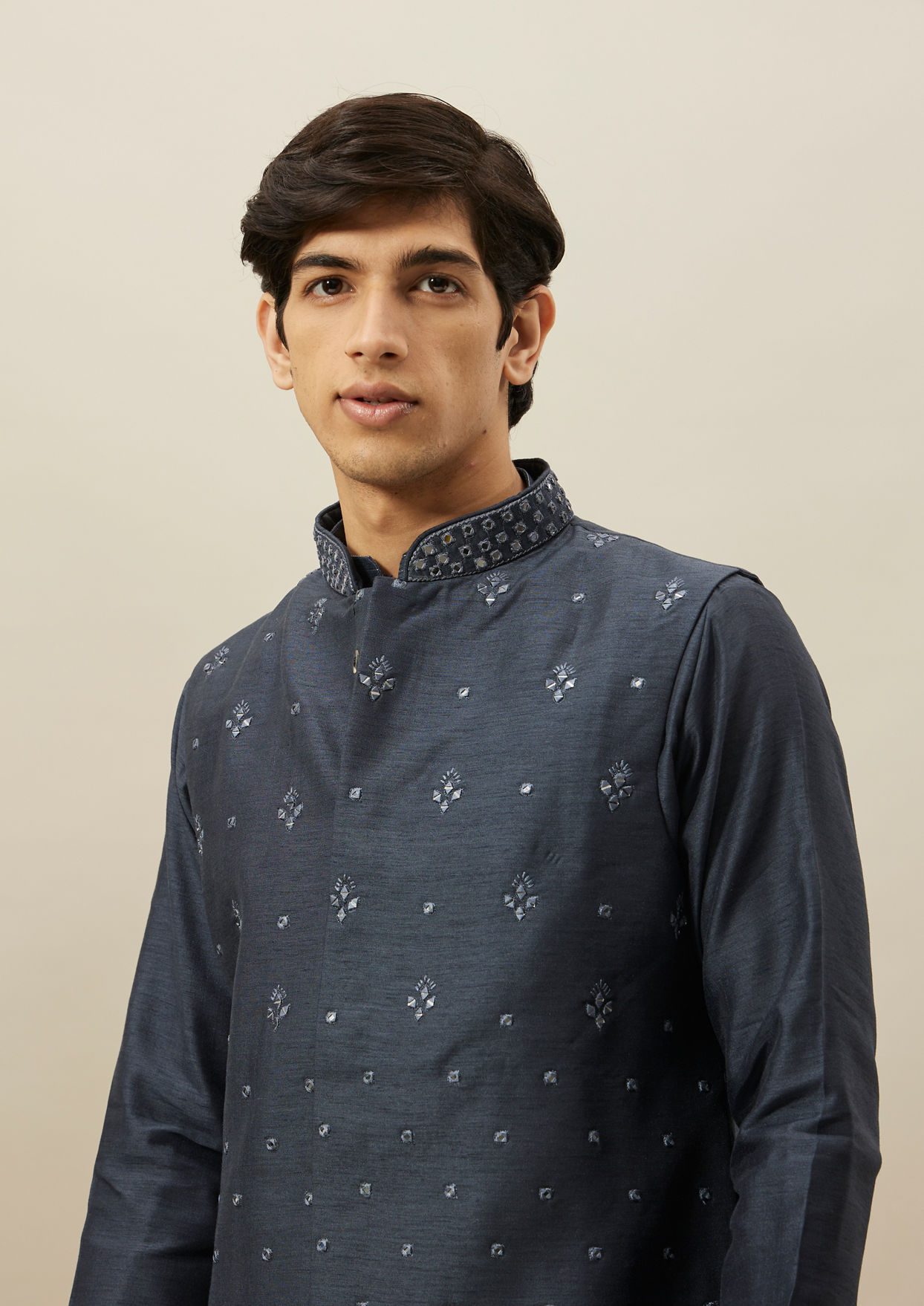 alt message - Twamev Men Dark Blue Mirror Work Kurta Jacket Set image number 1