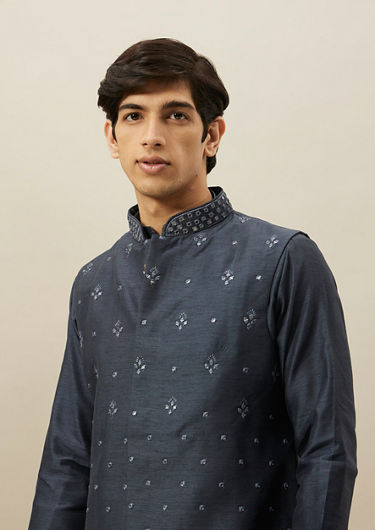 alt message - Twamev Men Dark Blue Mirror Work Kurta Jacket Set image number 1