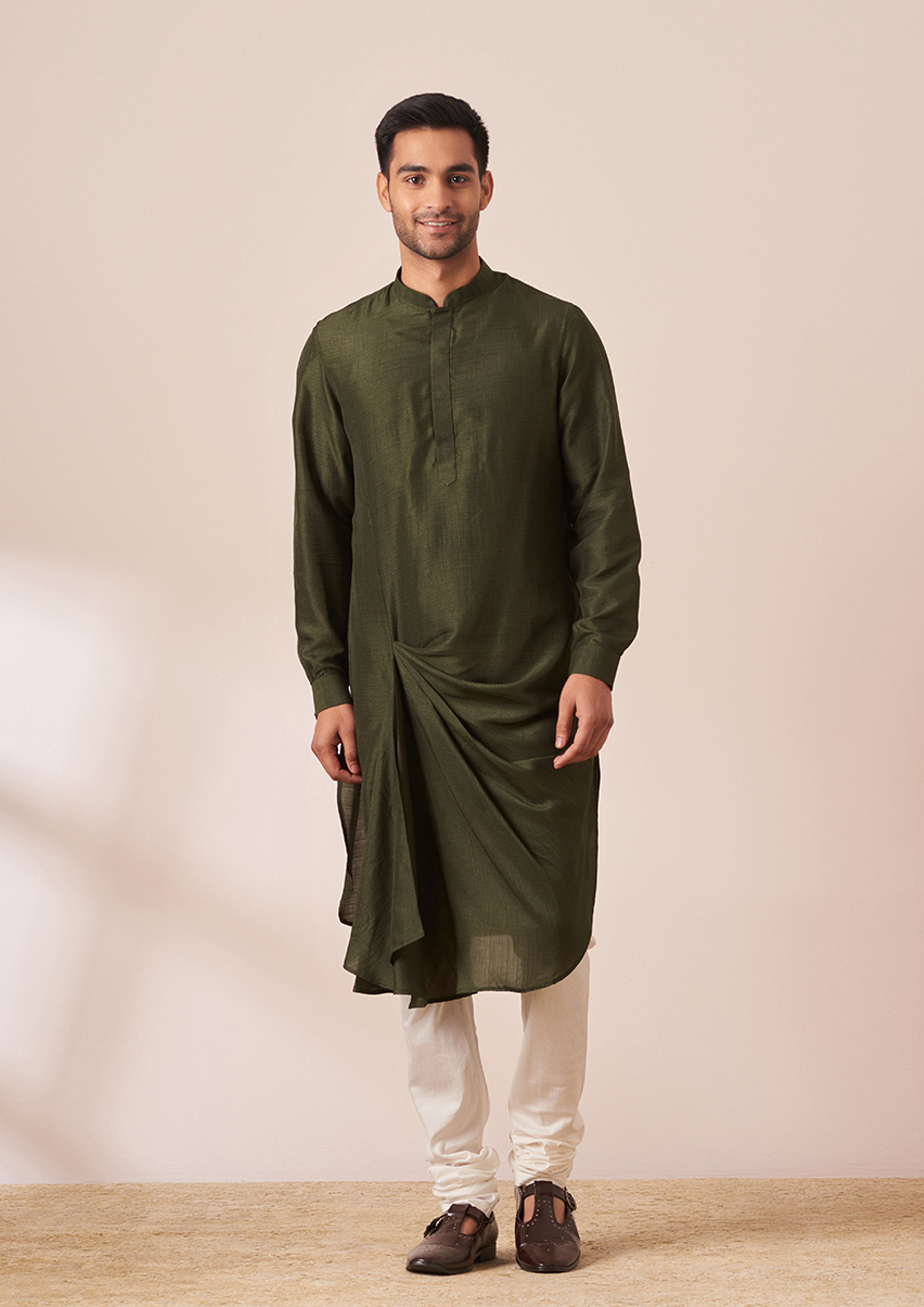 Twamev Men Dark Green Draped Kurta Jacket Set