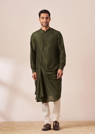 alt message - Twamev Men Dark Green Draped Kurta Jacket Set image number 1