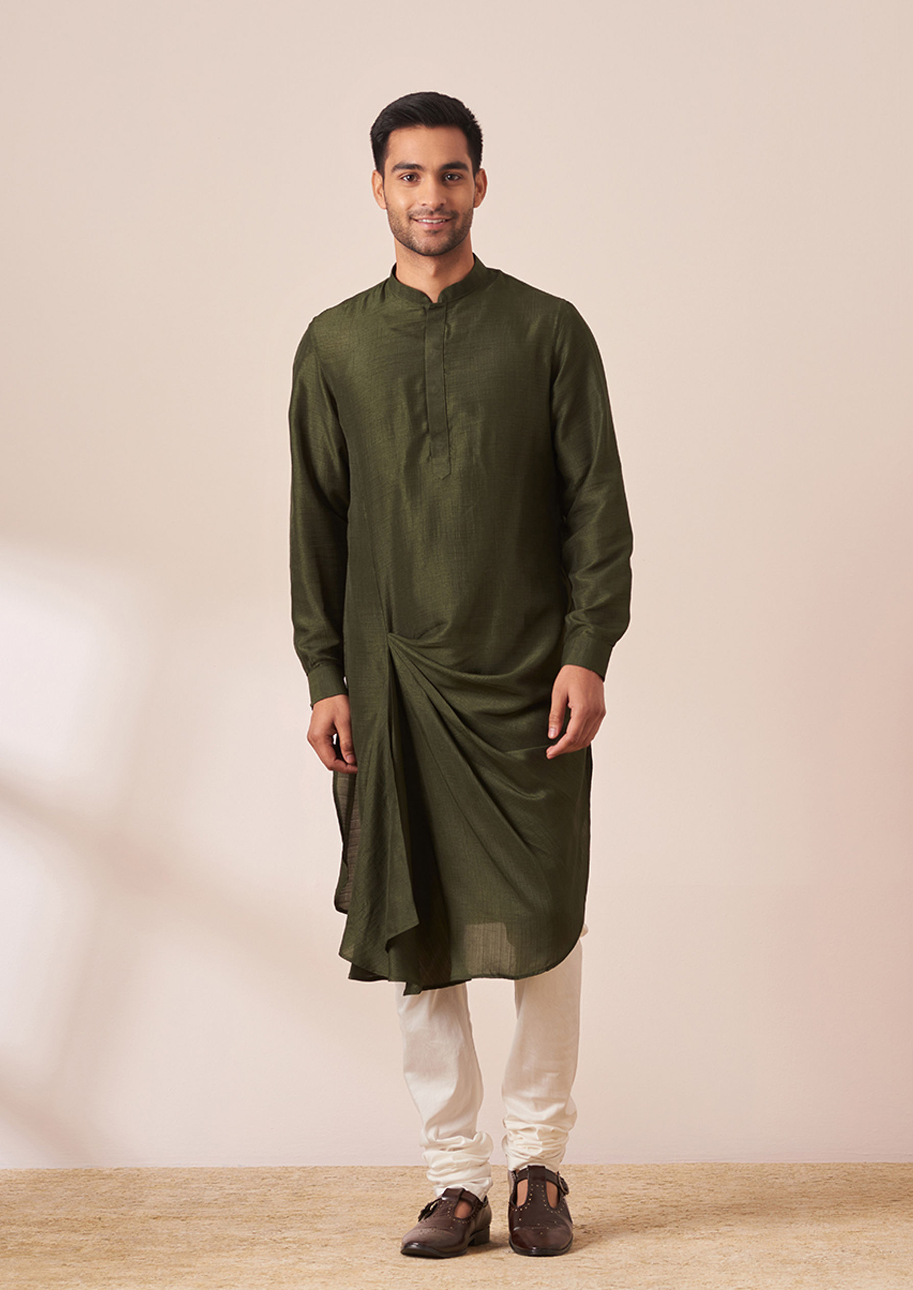 Twamev Men Dark Green Draped Kurta Jacket Set