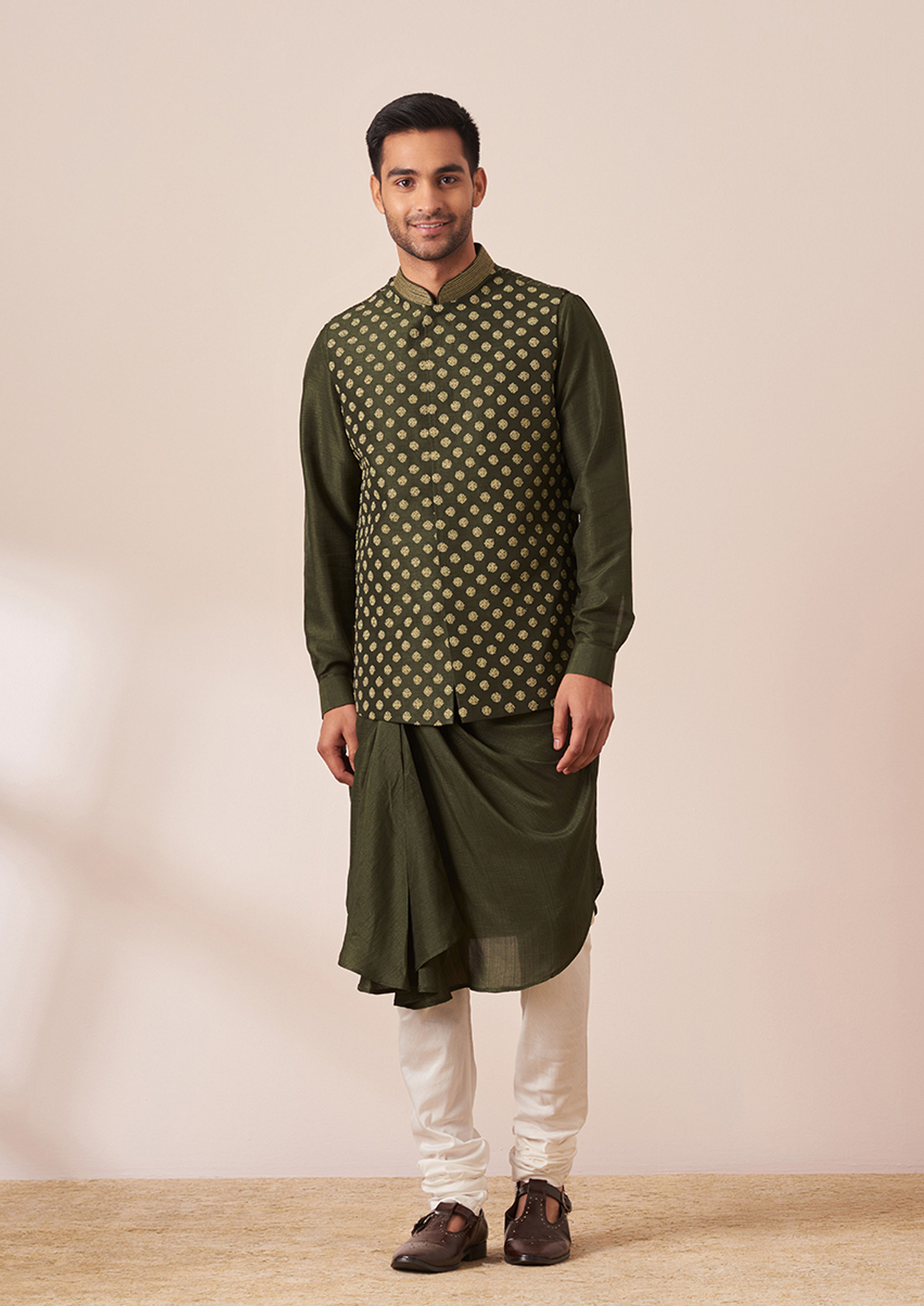Twamev Men Dark Green Draped Kurta Jacket Set