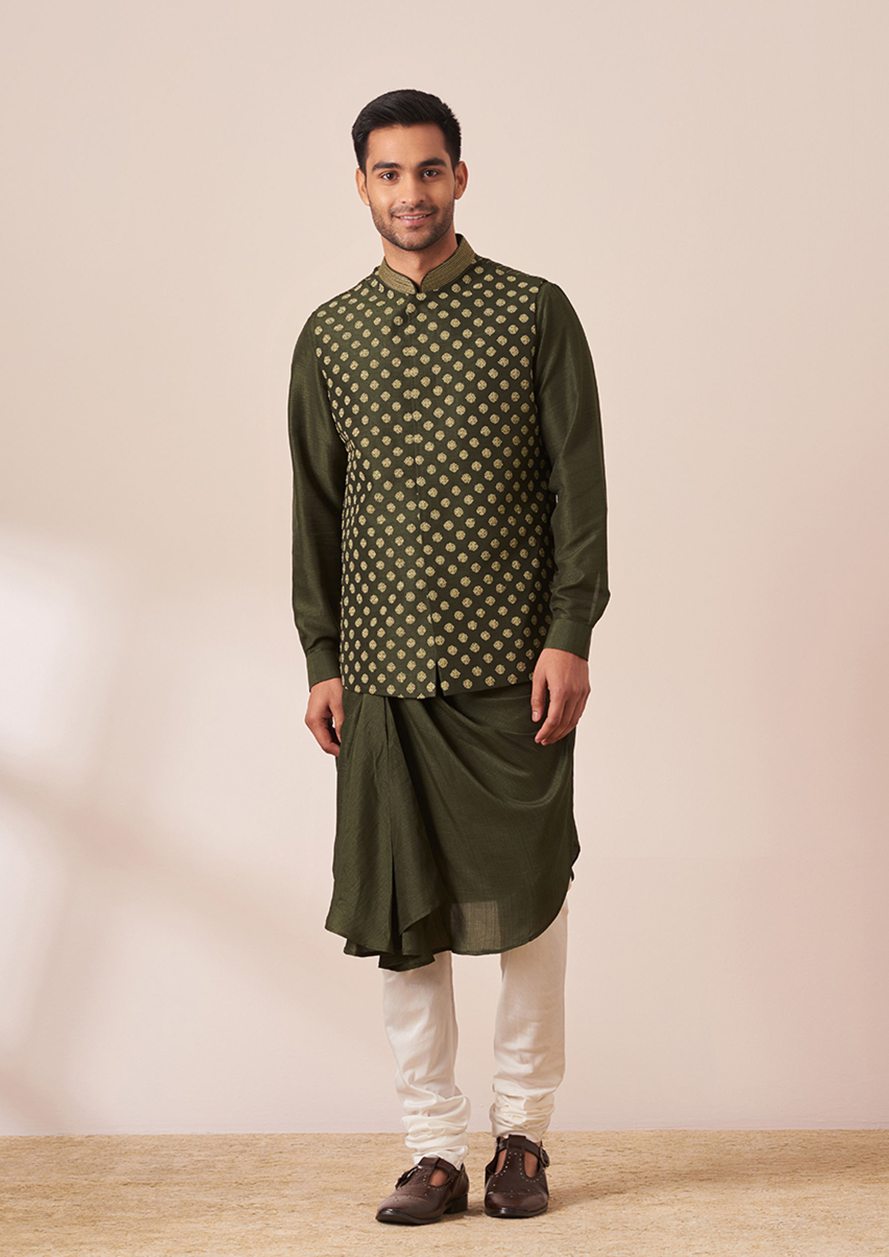 Twamev Men Dark Green Draped Kurta Jacket Set