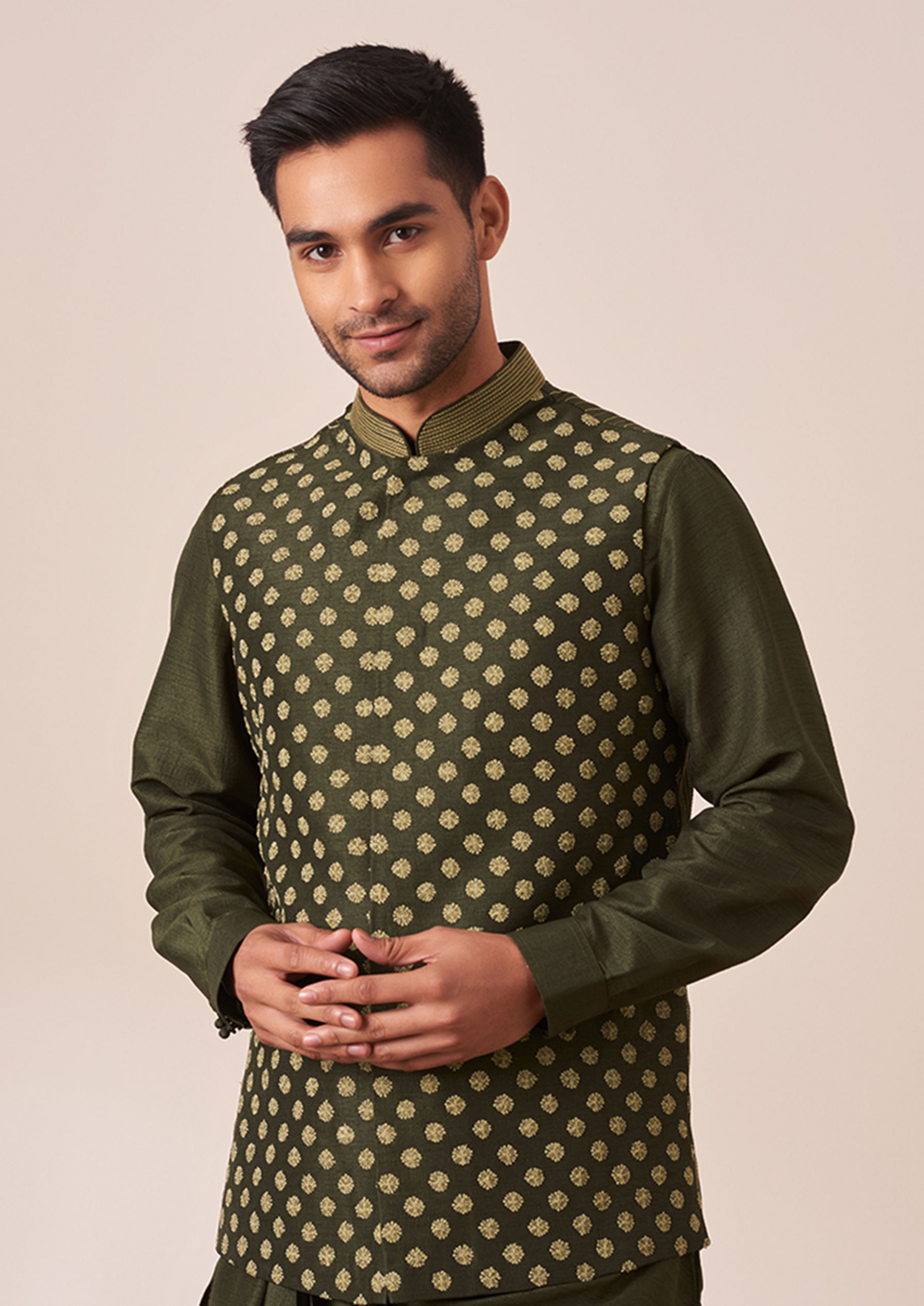 Twamev Men Dark Green Draped Kurta Jacket Set