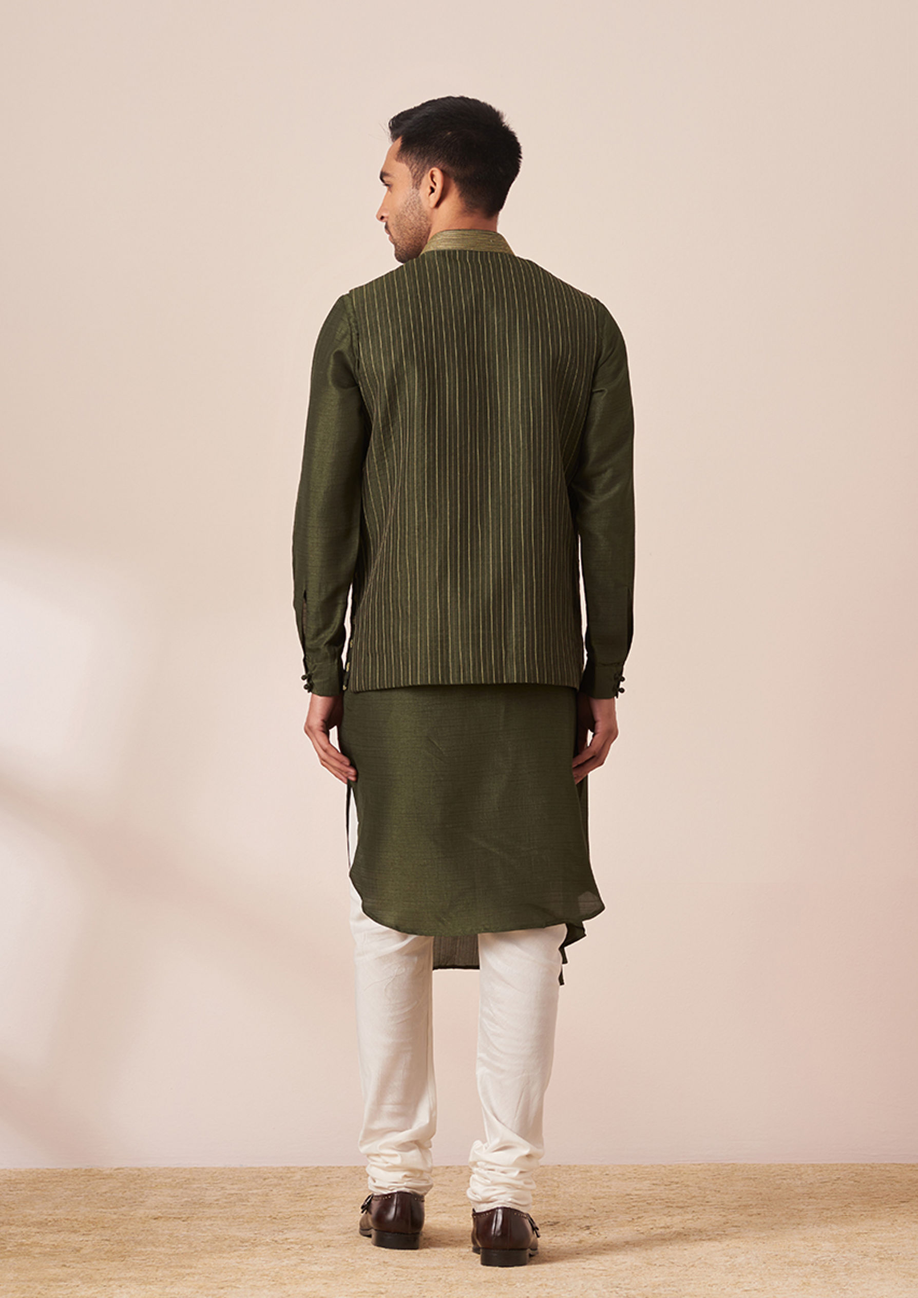 Twamev Men Dark Green Draped Kurta Jacket Set