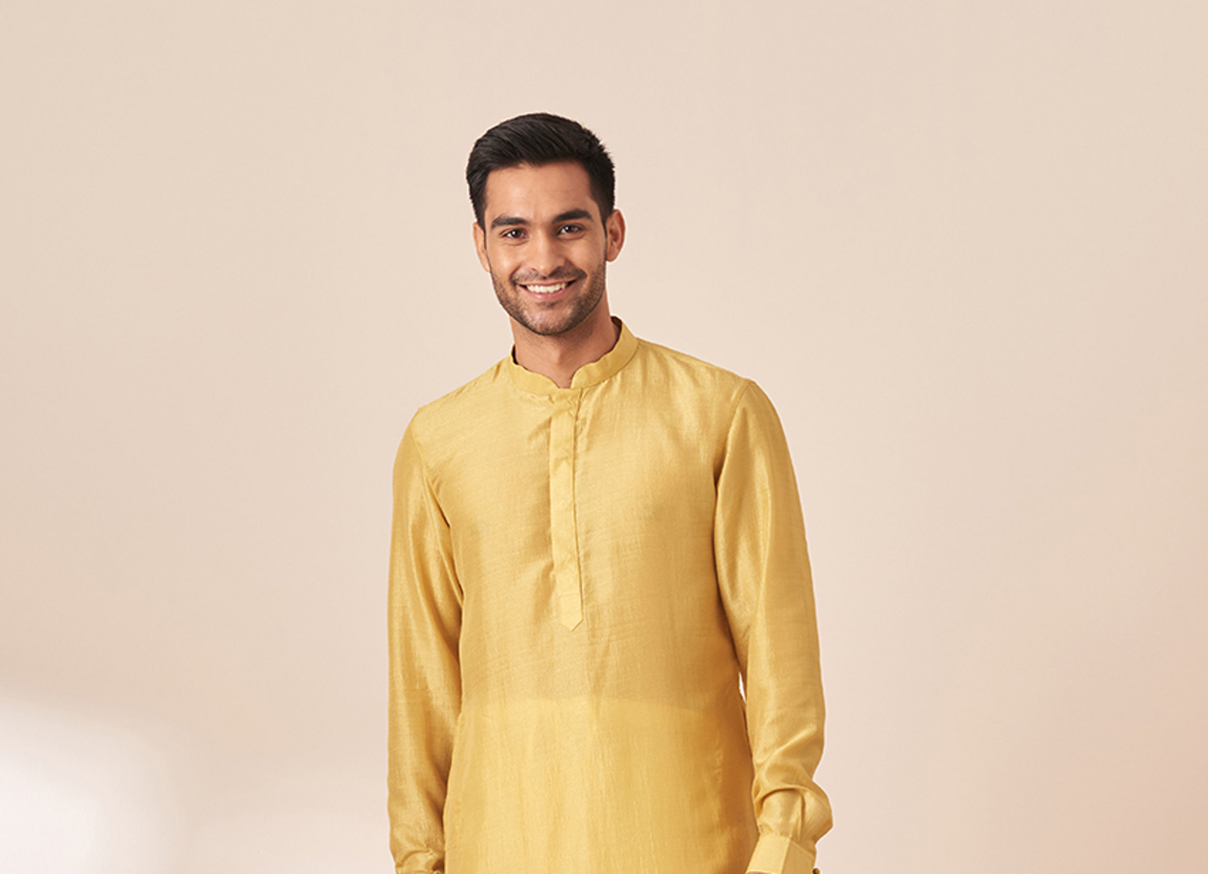 Twamev Men Honey Yellow Self Design Kurta Jacket Set