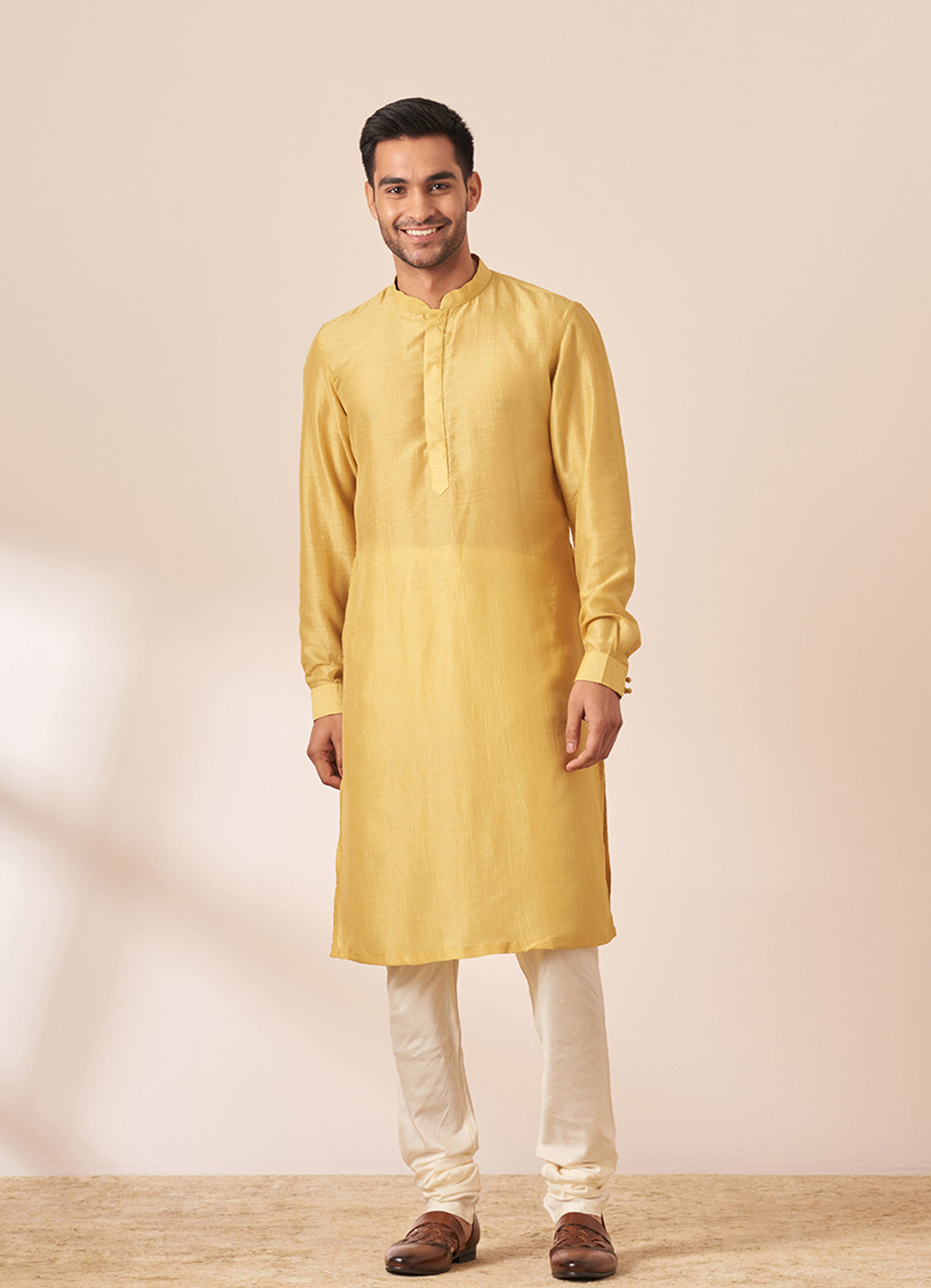 Twamev Men Honey Yellow Self Design Kurta Jacket Set