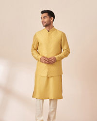 Twamev Men Honey Yellow Self Design Kurta Jacket Set