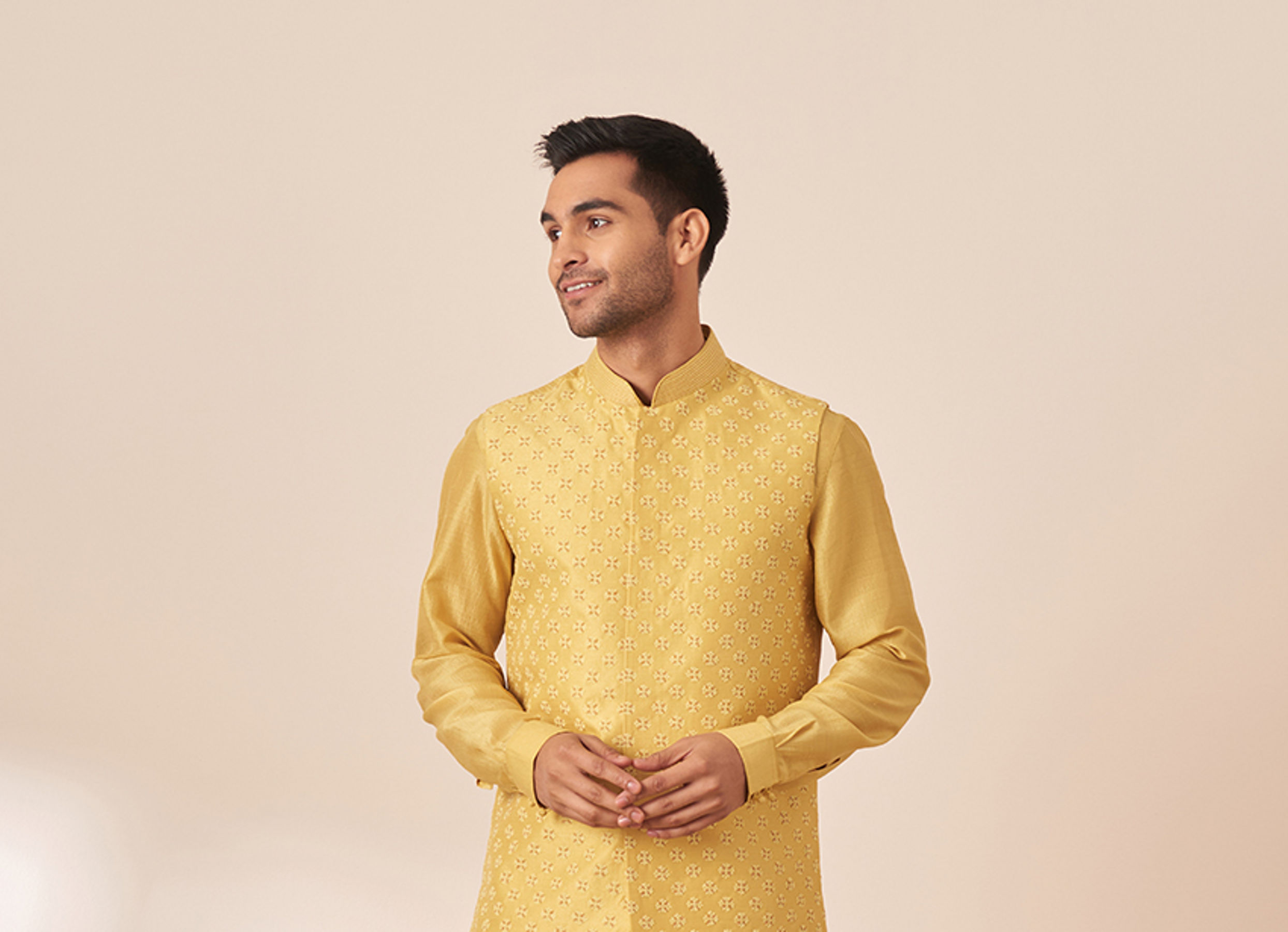 Twamev Men Honey Yellow Self Design Kurta Jacket Set