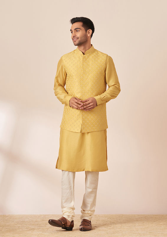 alt message - Twamev Men Honey Yellow Self Design Kurta Jacket Set image number 2