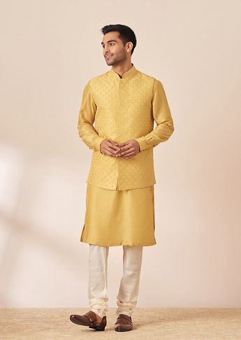 alt message - Twamev Men Honey Yellow Self Design Kurta Jacket Set image number 2