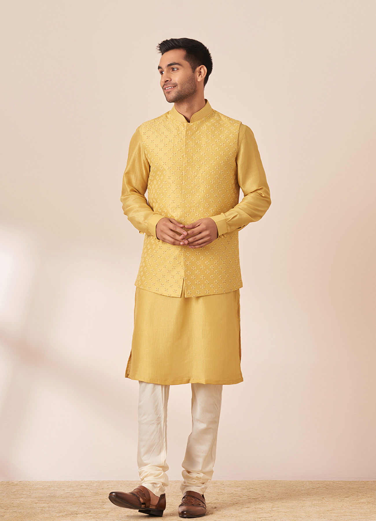Twamev Men Honey Yellow Self Design Kurta Jacket Set