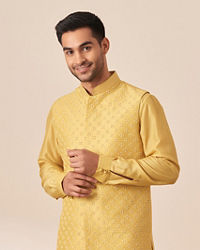 Twamev Men Honey Yellow Self Design Kurta Jacket Set