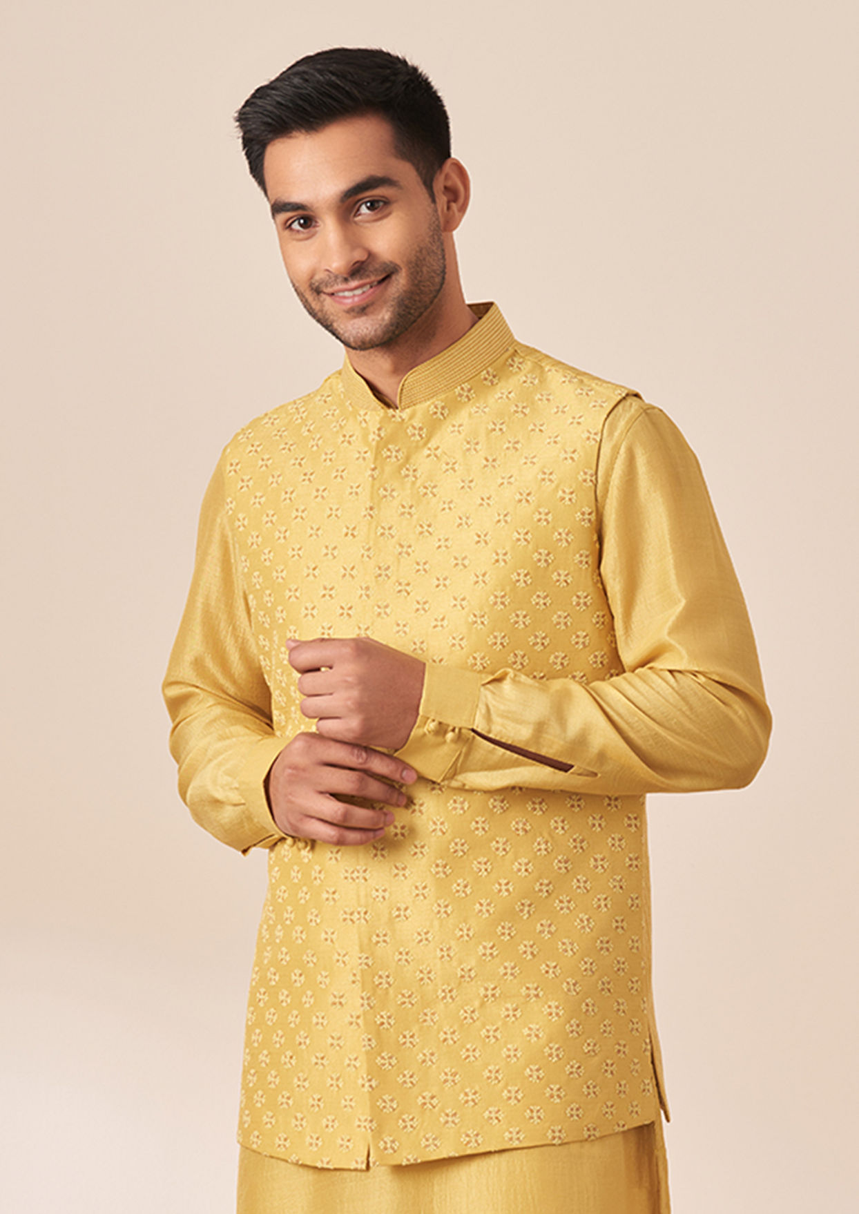 alt message - Twamev Men Honey Yellow Self Design Kurta Jacket Set image number 0