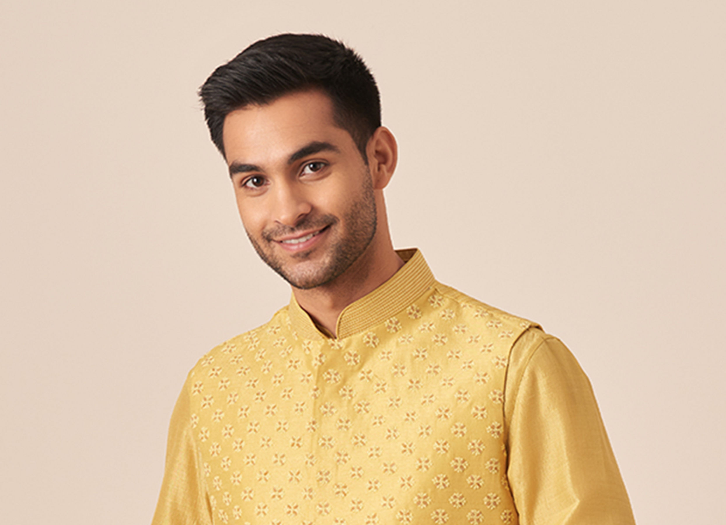 Twamev Men Honey Yellow Self Design Kurta Jacket Set