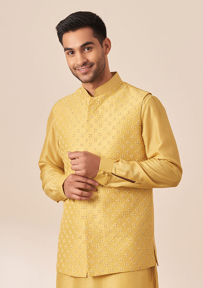 alt message - Twamev Men Honey Yellow Self Design Kurta Jacket Set