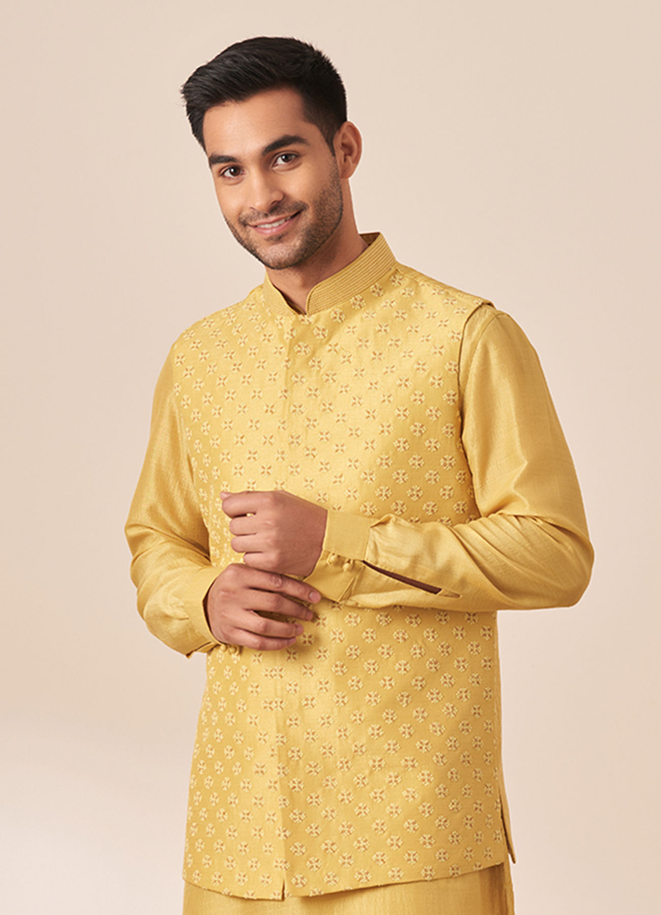 Twamev Men Honey Yellow Self Design Kurta Jacket Set