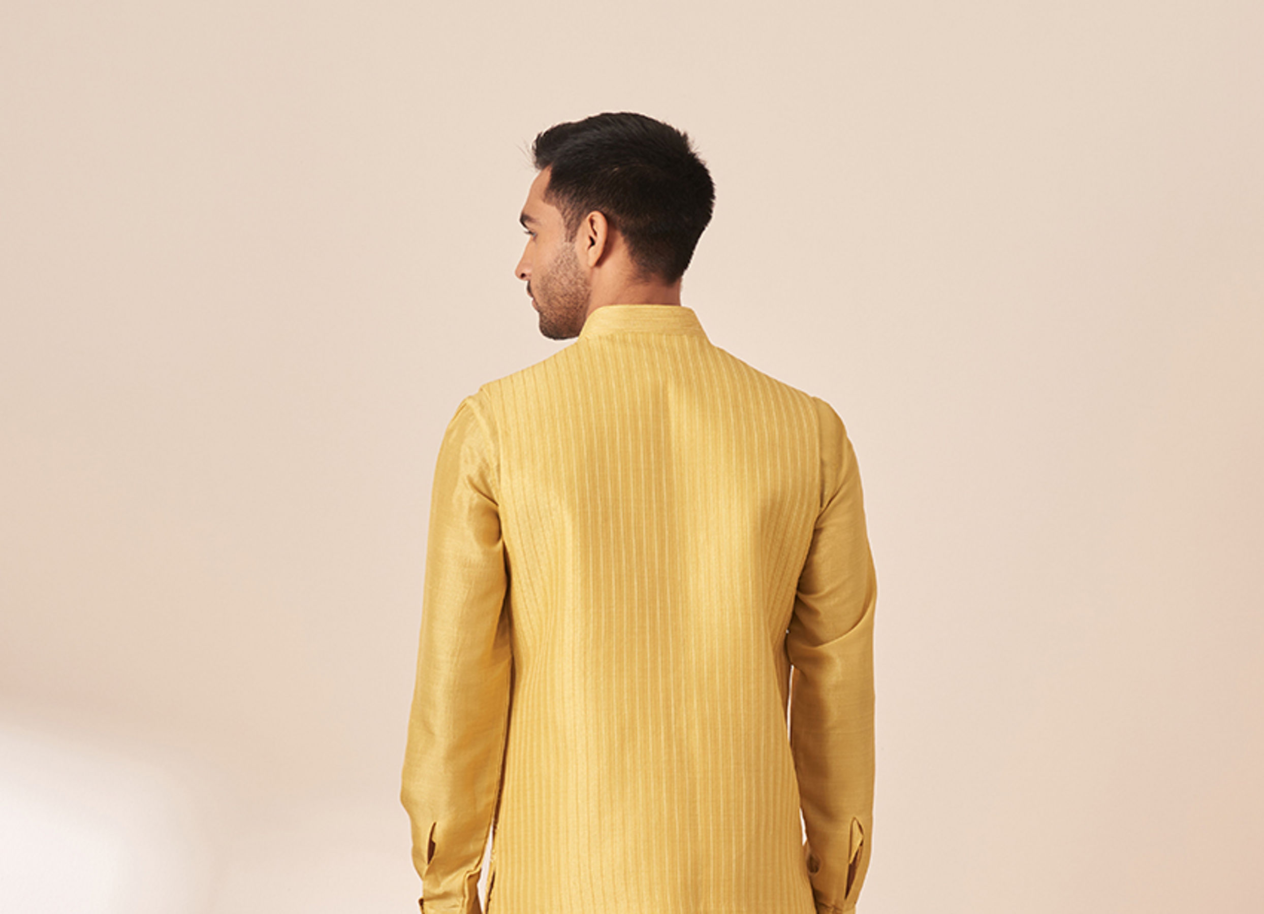 Twamev Men Honey Yellow Self Design Kurta Jacket Set