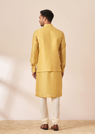 alt message - Twamev Men Honey Yellow Self Design Kurta Jacket Set image number 3