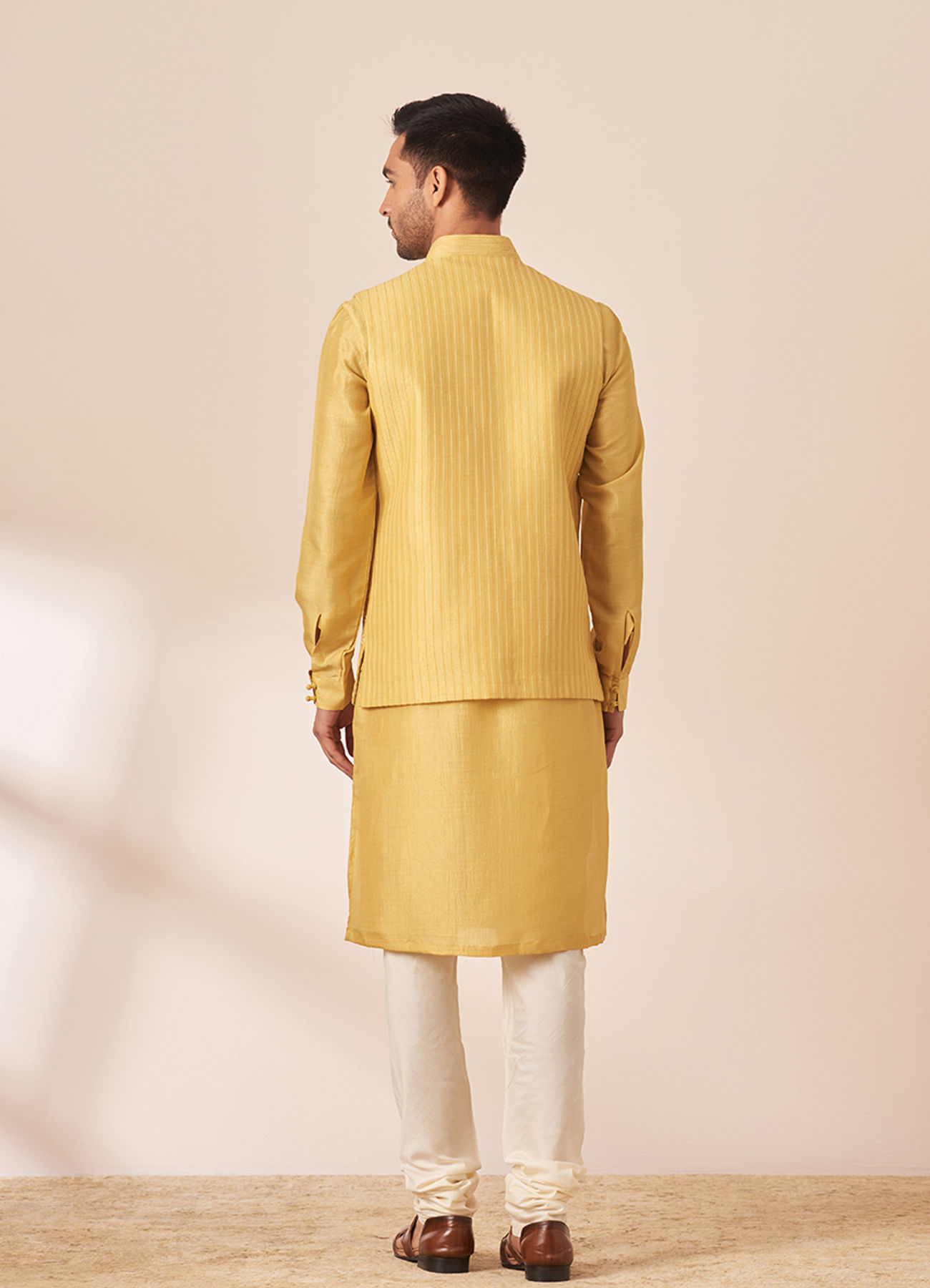 Twamev Men Honey Yellow Self Design Kurta Jacket Set