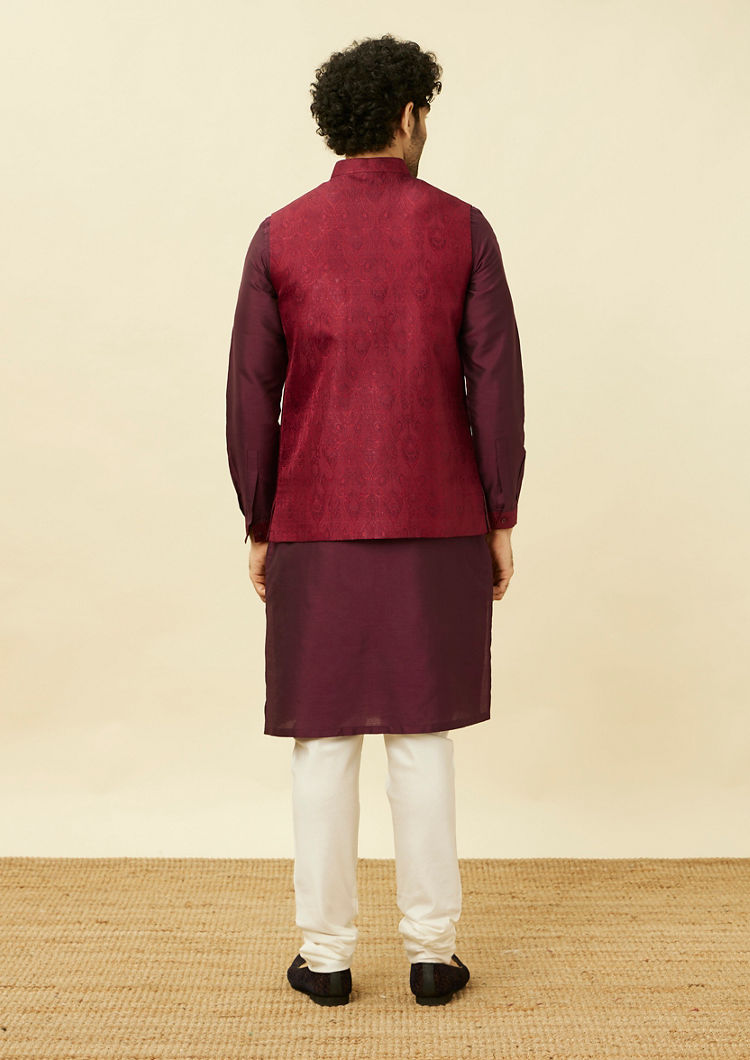 Twamev Men Maroon Mandarin Kurta Jacket Set