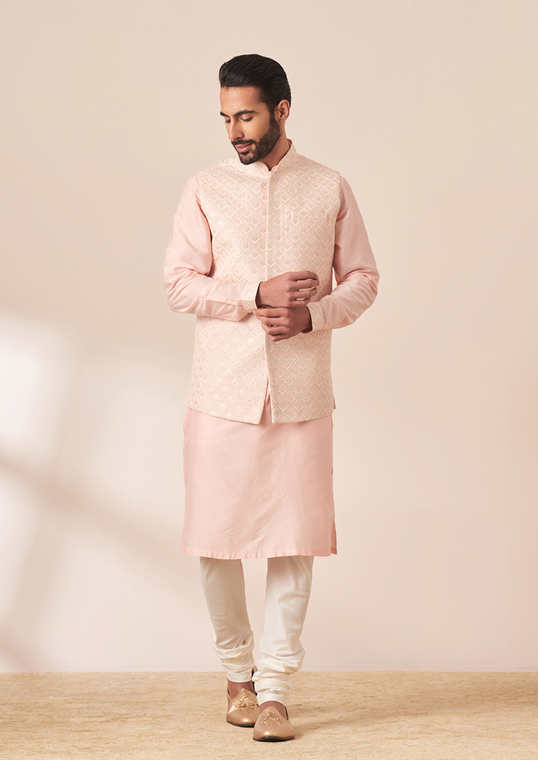 Twamev Men Light Pink Self Design Kurta Jacket Set