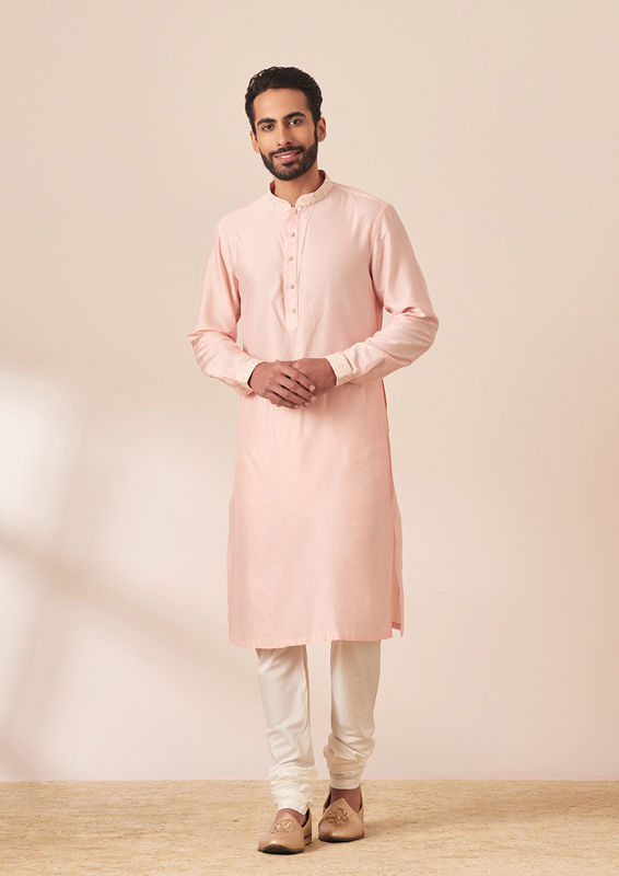 Twamev Men Light Pink Self Design Kurta Jacket Set