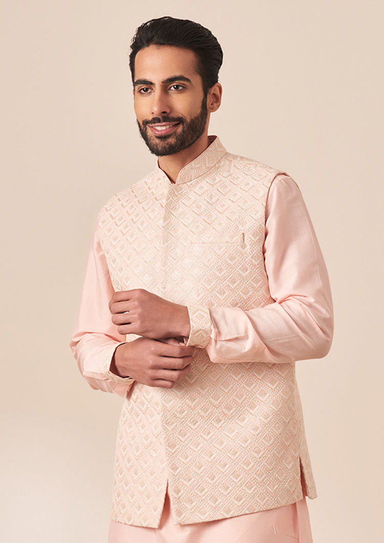 Twamev Men Light Pink Self Design Kurta Jacket Set