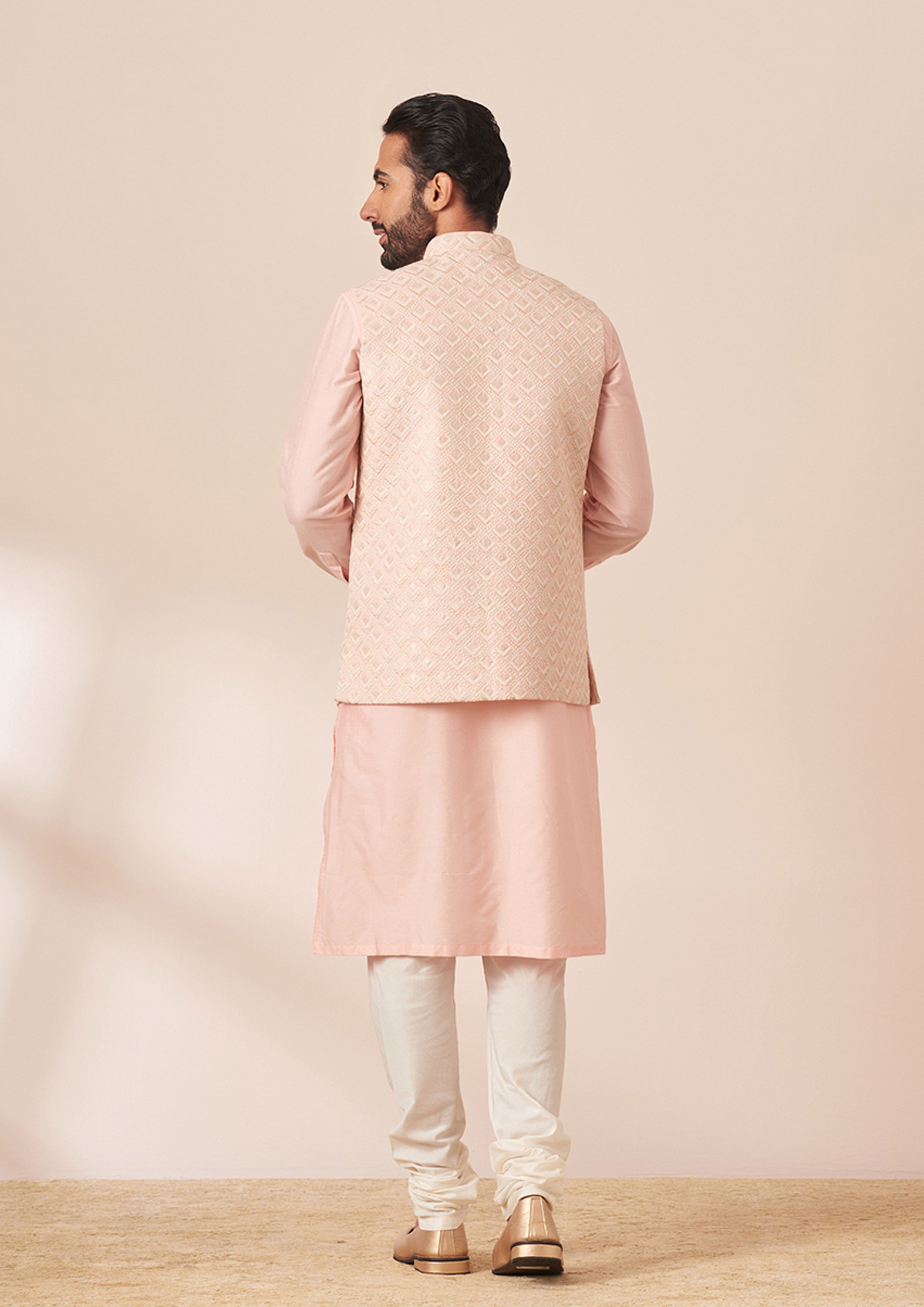 Twamev Men Light Pink Self Design Kurta Jacket Set