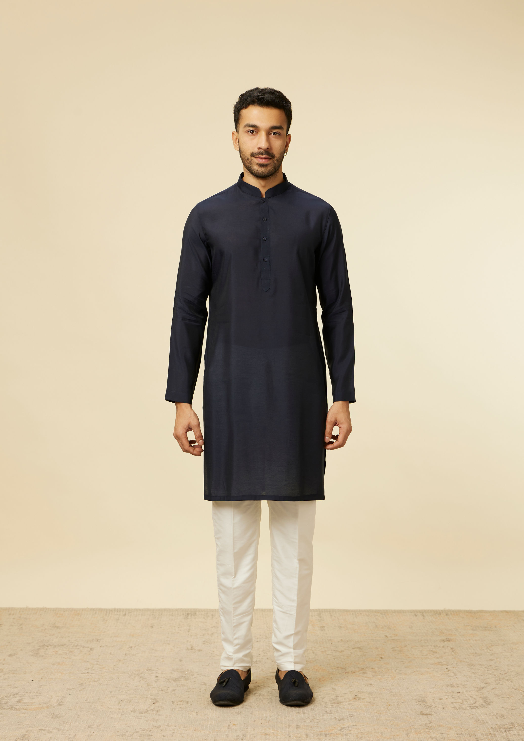 Twamev Men Dark Blue Self Mirror Patterned Kurta Jacket Set