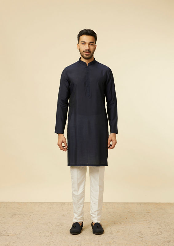 alt message - Twamev Men Dark Blue Self Mirror Patterned Kurta Jacket Set image number 2