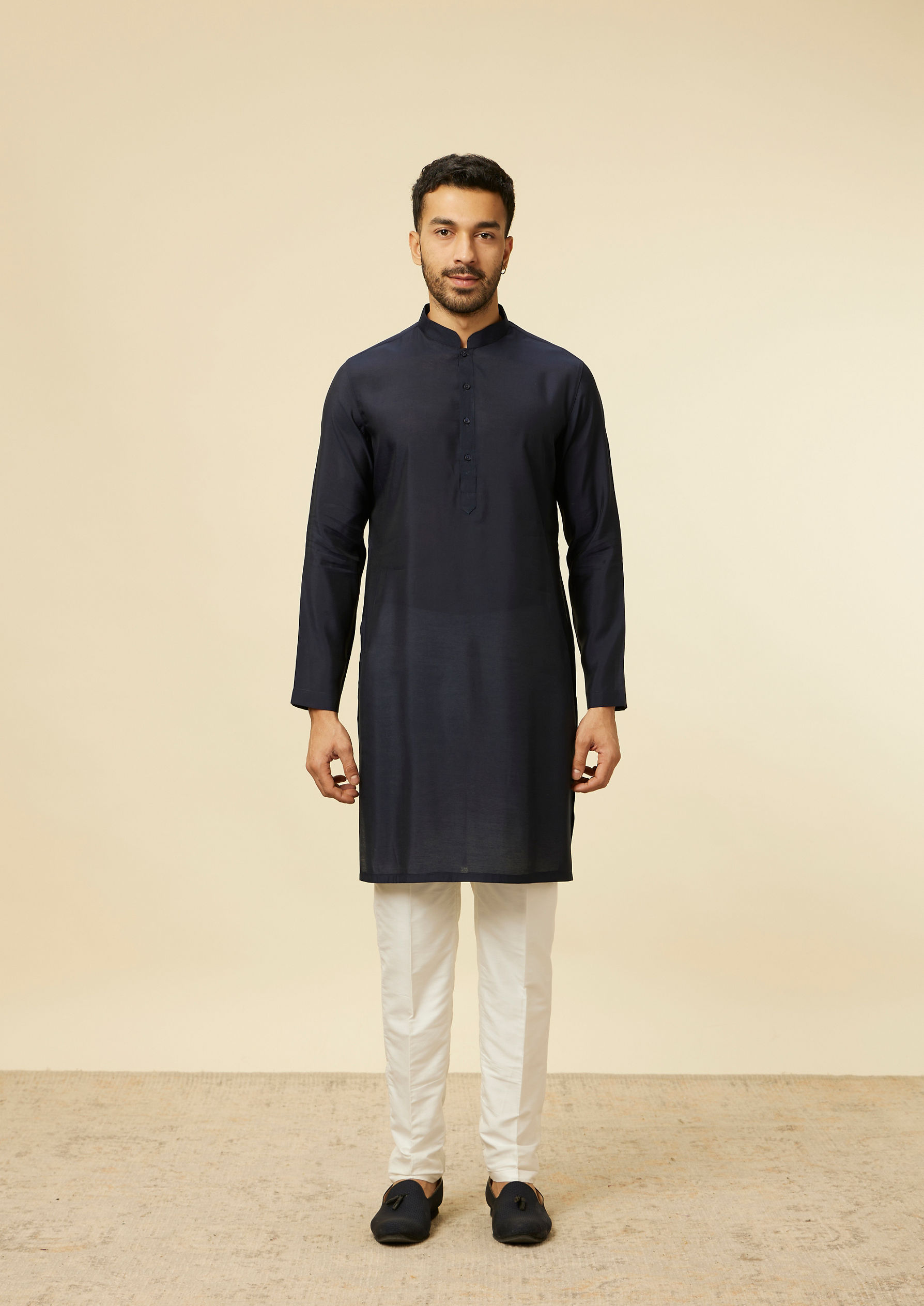 Twamev Men Dark Blue Self Mirror Patterned Kurta Jacket Set